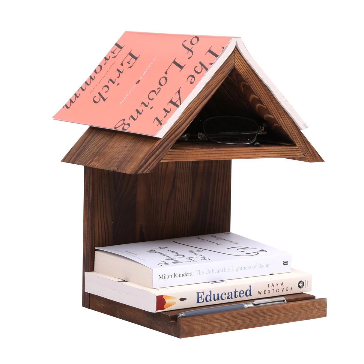 LETUBUYU Floating Bedside Wood Bookshelf, Triangle Book Page Holder, Wooden Simple Bookcase for Bedroom Nightstand Library Office or Wall Decor Storage (Brown LETUBUYU