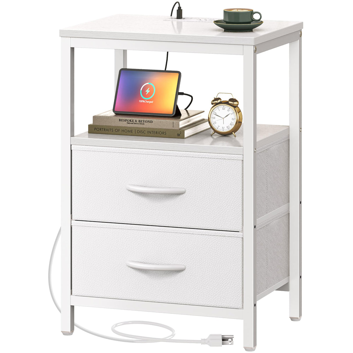 Huuger Nightstand with Charging Station, Side Table with Fabric Drawers, End Table with Open Shelf, Bedside Table with USB Ports and Outlets, Night Stand for Bedroom, White Huuger