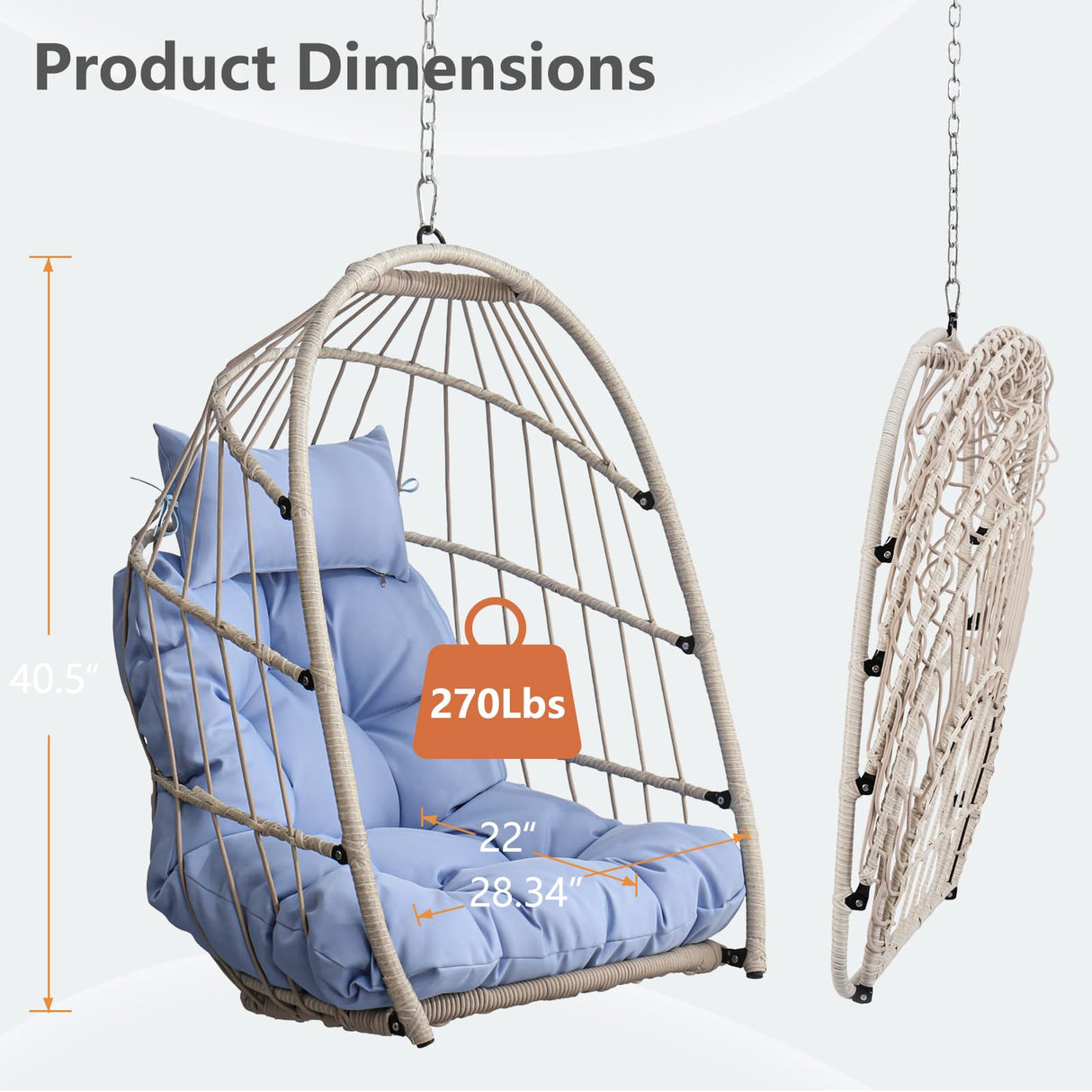 Hanging Egg Chair Without Stand, HDPE Rattan Foldable Swing Chair with Aluminum Frame & UV Resistant Cushion, Hammock Egg Basket for Indoor Outdoor Bedroom Garden, 350Lbs Capacity (Blue) DAIJIA CHINA