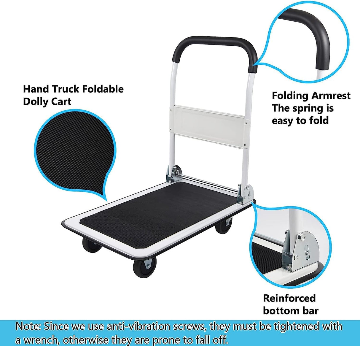 LEADALLWAY Foldable Push Cart Platform Cart 330lbs Capacity 4 Wheels 28.7x18.5x32.3inches White Small Flatbed Cart LEADALLWAY