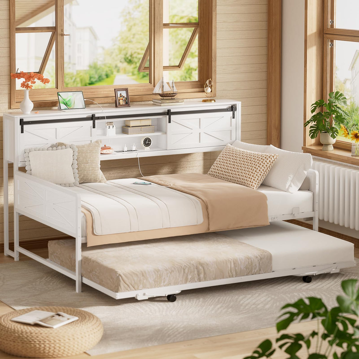 Homieasy Daybed with Trundle, Farmhouse Twin Day Bed with Bookcase Headboard and Charging Station, Heavy Duty Metal Sofa Bed Frame with Pop-up Trundle Bed for Living Room, Bedroom, White Homieasy