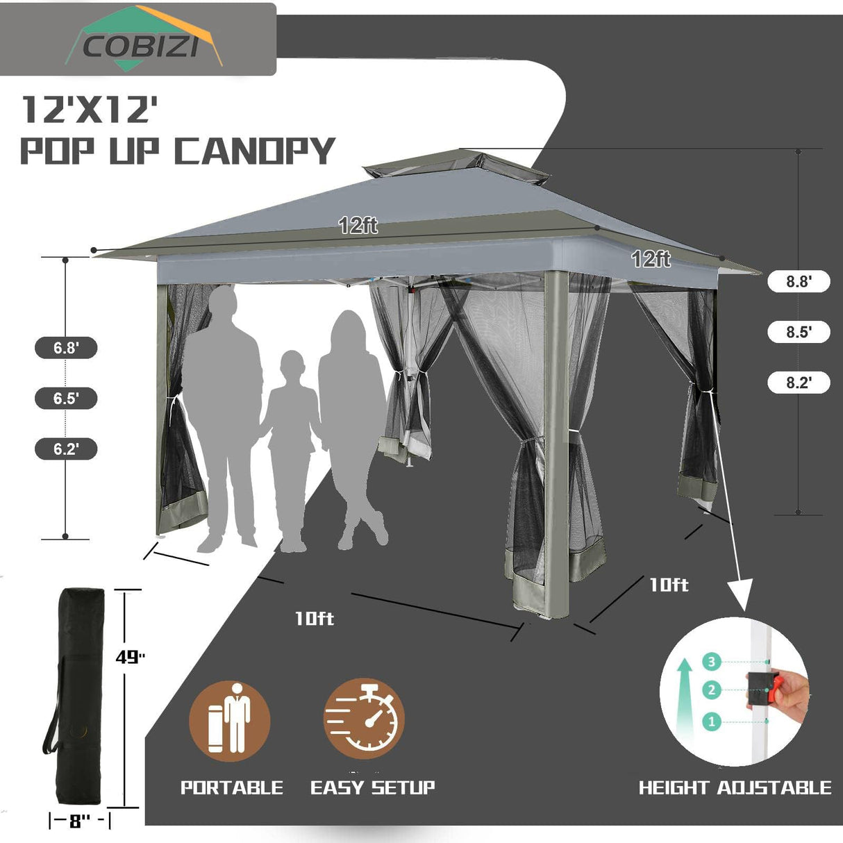 COBIZI 12x12 Pop Up Gazebos On Clearance - Upgrade Easy Up Metal Outdoor Gazebo Waterproof - Portable Gazebo with Mosquito Nettings, 4 Ropes 8 Stakes and Carry Bag for Patio Garden(Dark Gray) COBIZI