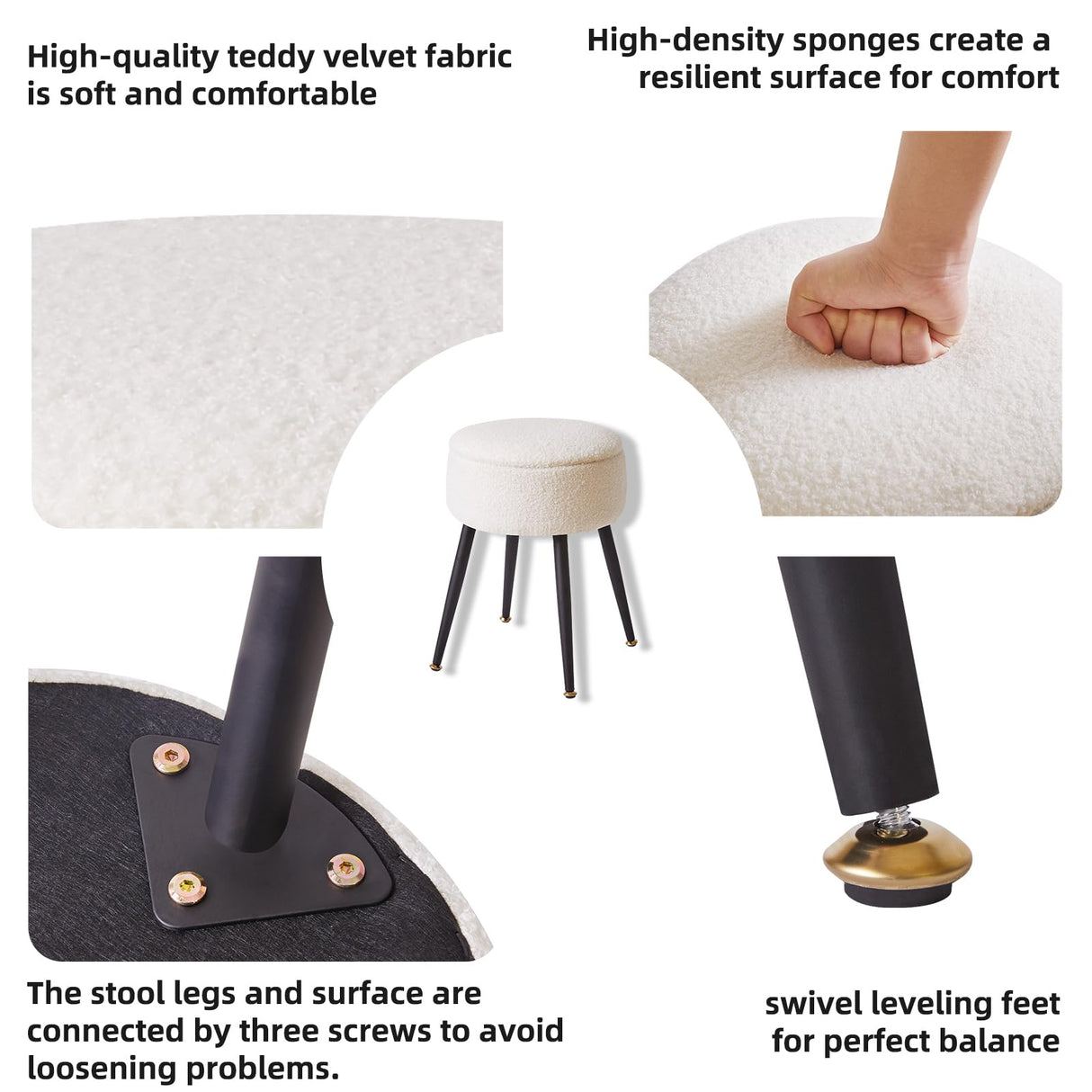 Aibiju White Ottoman with Storage Faux Teddy Fur, Round Storage Ottoman for Vanity, 13" D x 18" H Foot Stools Ottoman with 4 Metal Legs, Mushroom Stool for Makeup Living Room Warm White YD-RMS137W Aibiju