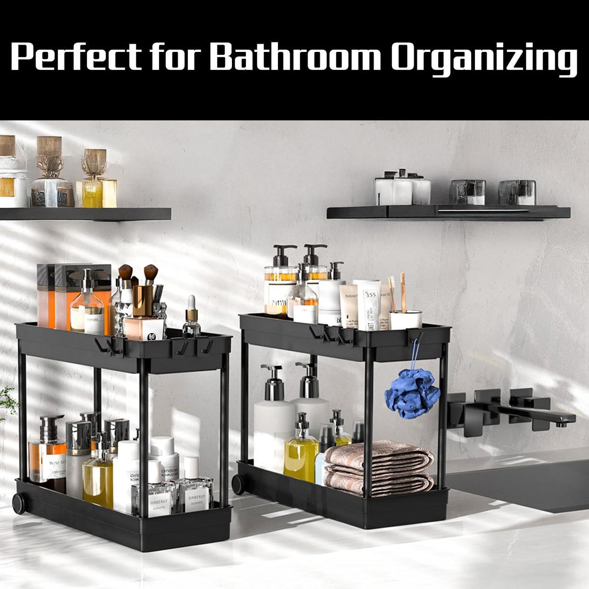 Cicilyna 2 Pack Under Sink Organizer, 2 Tier Bathroom Cabinet Organizers and Storage with Hook, Multi-purpose Storage Basket Shelf for Kitchen, Black Cicilyna