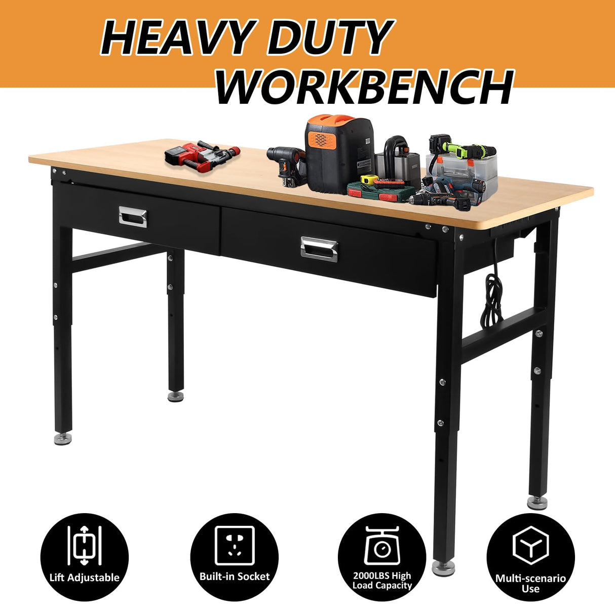 60'' Adjustable Workbench with Power Outlet,Workbenche with Drawer for Garage,2700 Lbs Capacity Hardwood Workbench,Heavy Duty Table for Workshop Office Home Commercial SGOLAN