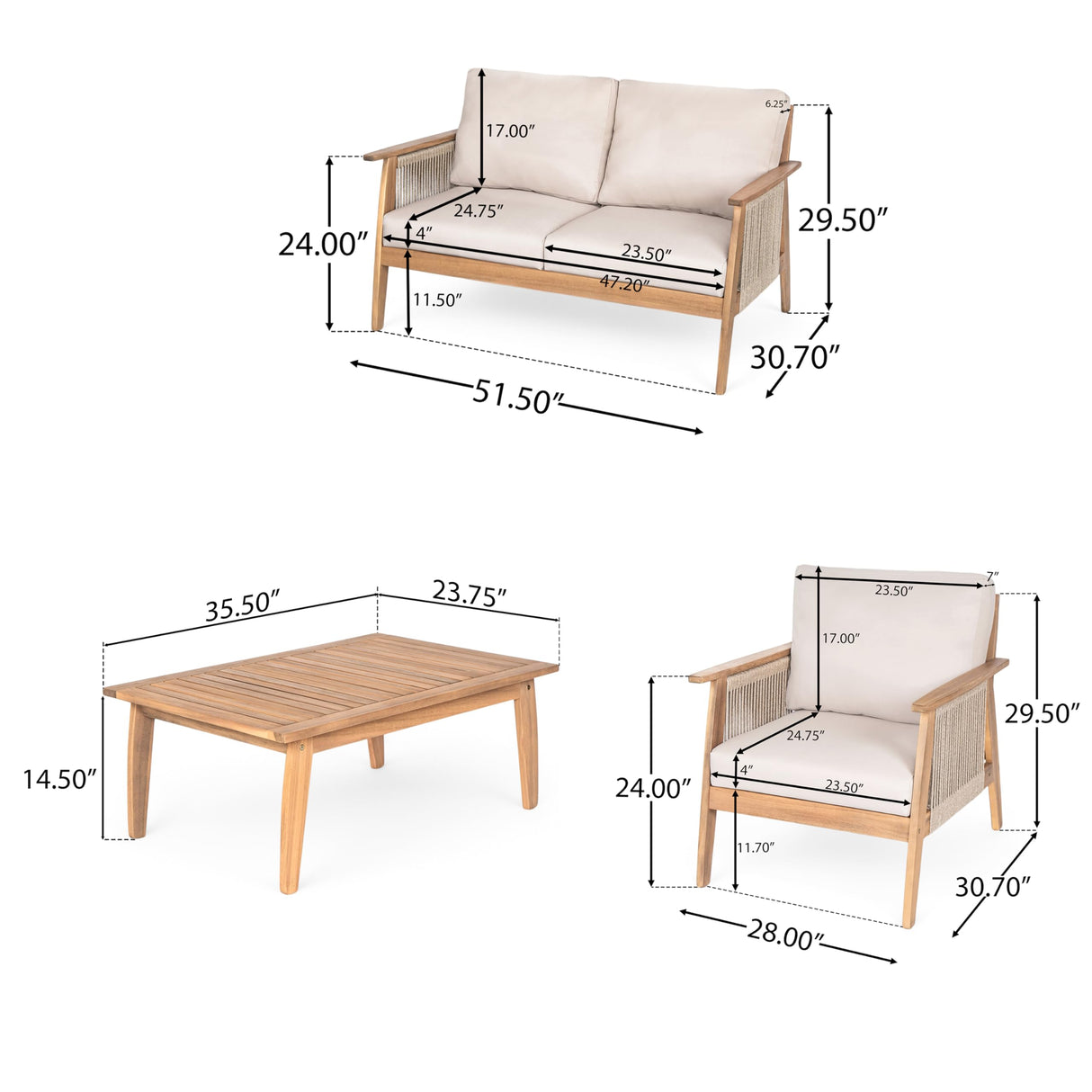 XD Designs 4 Piece Outdoor Patio Furniture Set, Acacia Wood Sectional Sofa wSeat Cushions, All-Weather Patio Conversation Seat with Couches and Coffee Table for Garden Backyard Balcony XD Designs