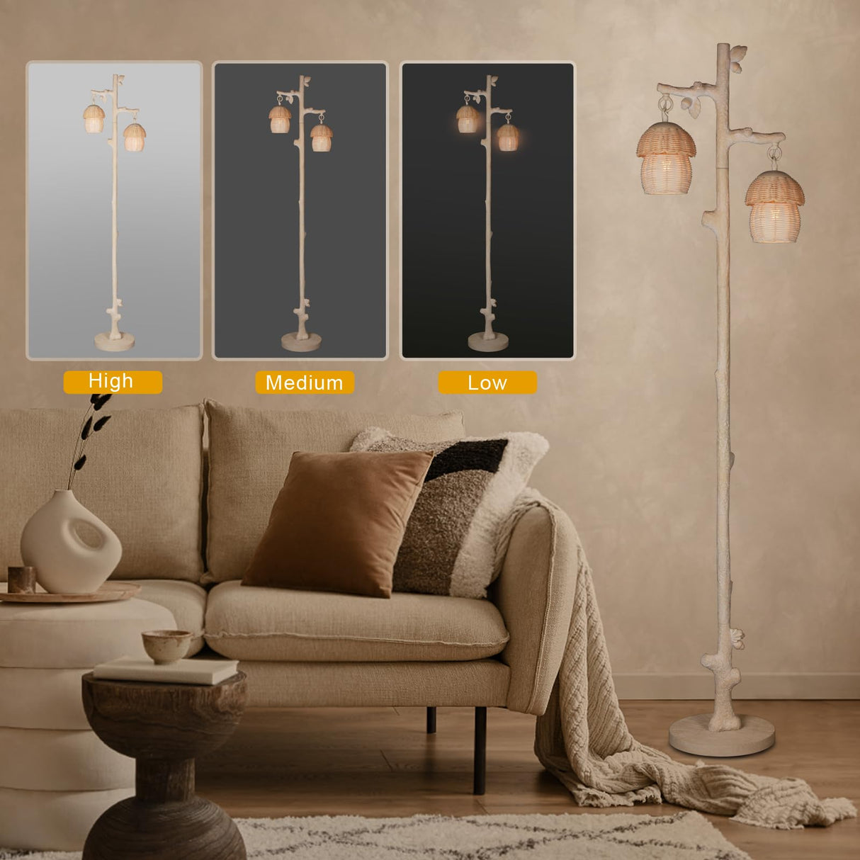 Rattan Floor Lamp with Faux Wood Finish, Boho Floor Lamps with Faux Pinecone and Leaves Decor, Beige WOXXX