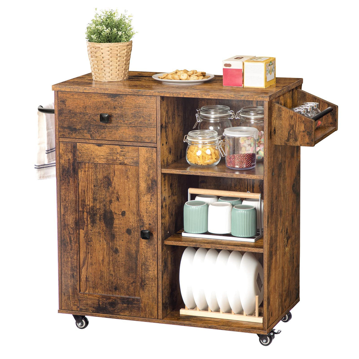HOOBRO Kitchen Island, Storage Cabinet with Drawer, Kitchen Cart with Spice and Towel Rack, Saving Space, Easy Assembly, for Living Room, Rustic Brown BF12ZD01 HOOBRO
