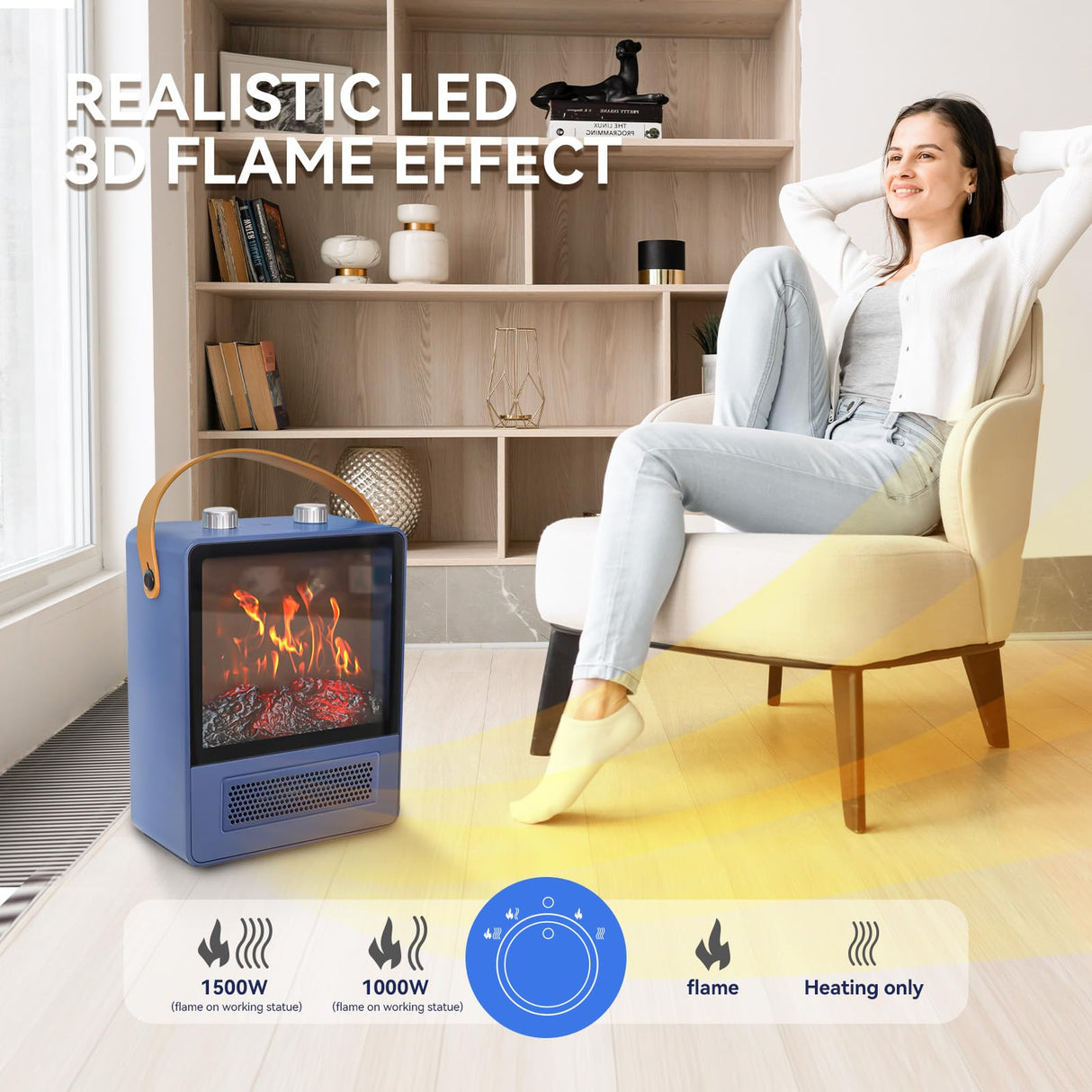 TEMPWARE Electric Fireplace Heater, 1500W Portable Space Heater, Fireplace with Realistic 3D Flame Effect and Overheating Safety Protection, Quiet and Safe for Indoor Use Office Bedroom TEMPWARE