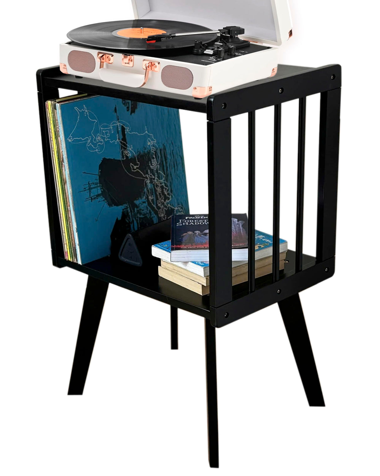 AF28 Record Player Stand Stores up to 100 LP Albums. Vinyl Record Display Holder for Living Room Bedroom, Turntable Stand, Record Player Table, End Table Made of 100% Natural Solid Wood (Black) AF28