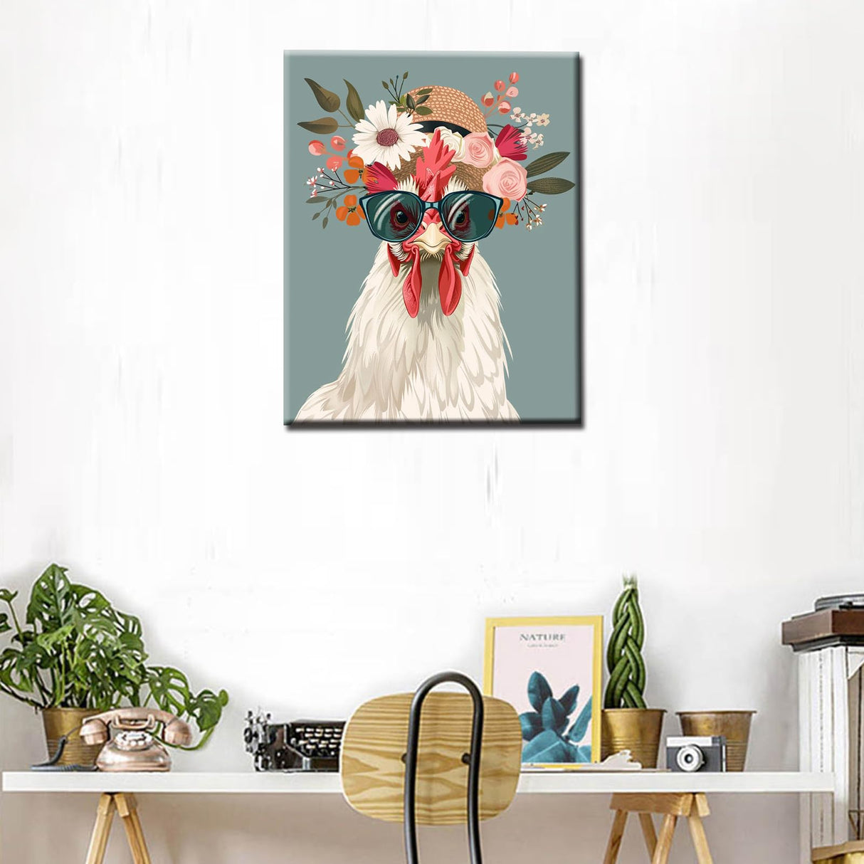 Serious Rooster Wearing Shades Straw Hat Paint by Number Funny Animal Flowers Painting DIY Painting on Canvas with Brushes Paints Paint by Numbers for Adults and Beginner 16x20 Inch(without Frame) Tucocoo