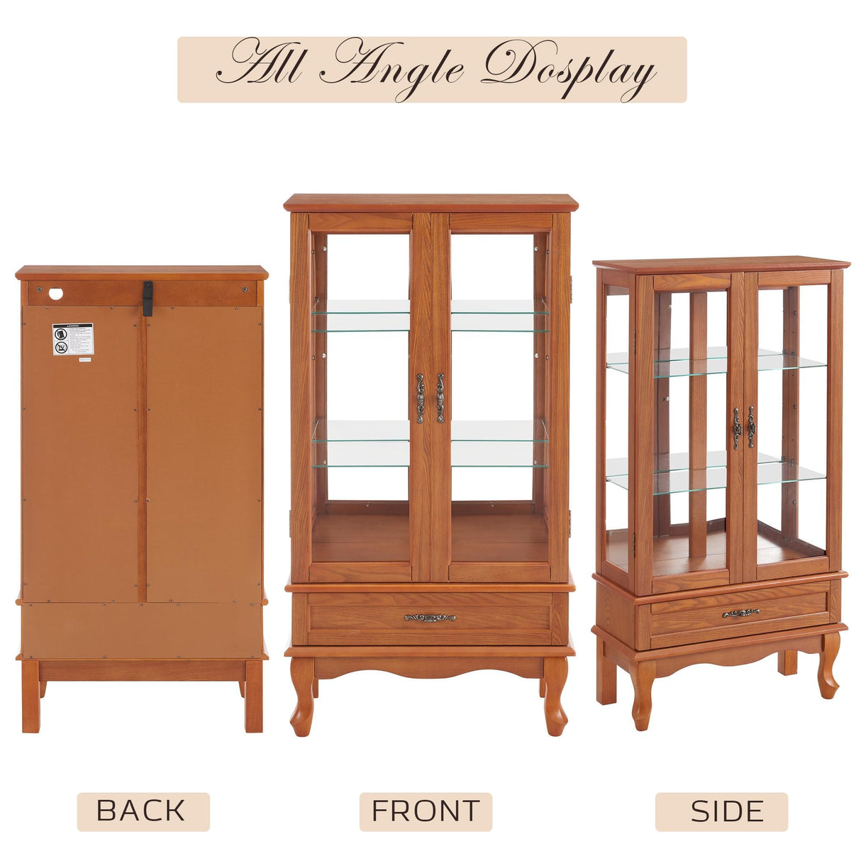 CKEASEAN Lighted Curio Cabinet, 52" H Glass Display Cabinet with Adjustable Shelves, China Cabinet with Tempered Glass Doors for Living Room, Light Blub Included (Dark Oak) CKEASEAN