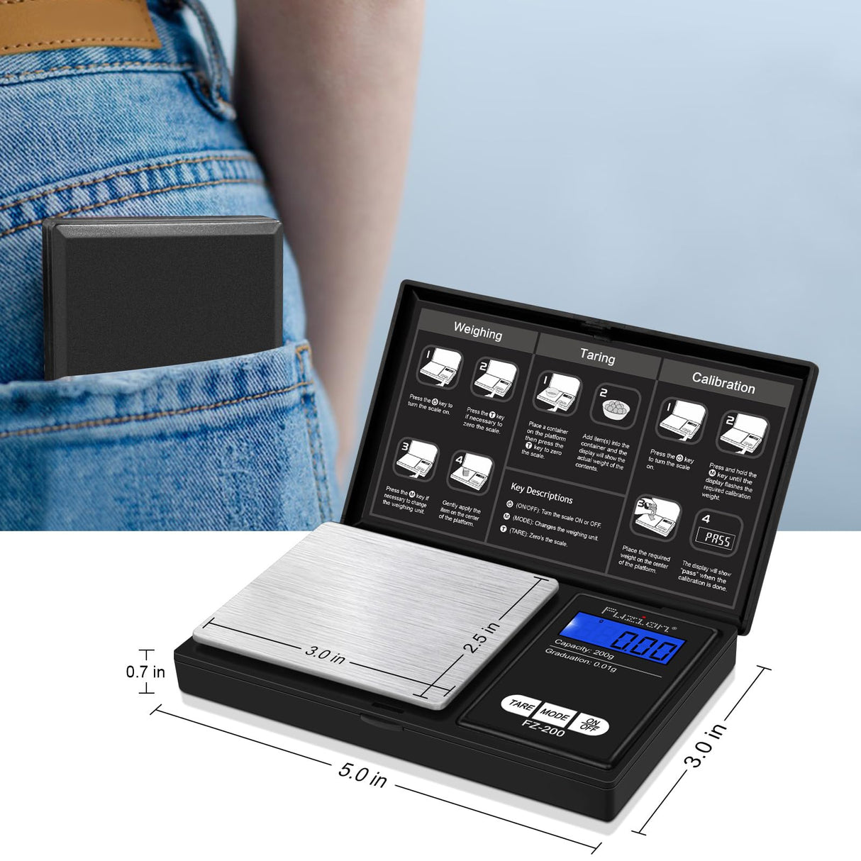 Fuzion Digital Pocket Scale, 200g/0.01g Gram Scale, Mini Scale Grams, Small Digital Scale, Small Food Scale, Jewelry Scale, Precision Scale with Tare, LCD Fuzion