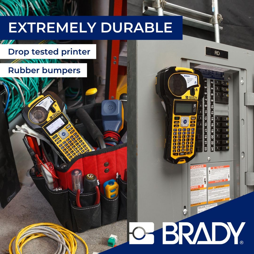 Brady M210 Portable Label Printer with Rubber Bumpers, Multi-Line Print, 6 to 40 Point Font (Replaces BMP21-PLUS Printer), Yellow/Black, 9.5 in H x 4.5 in W x 2.5 in D Brady