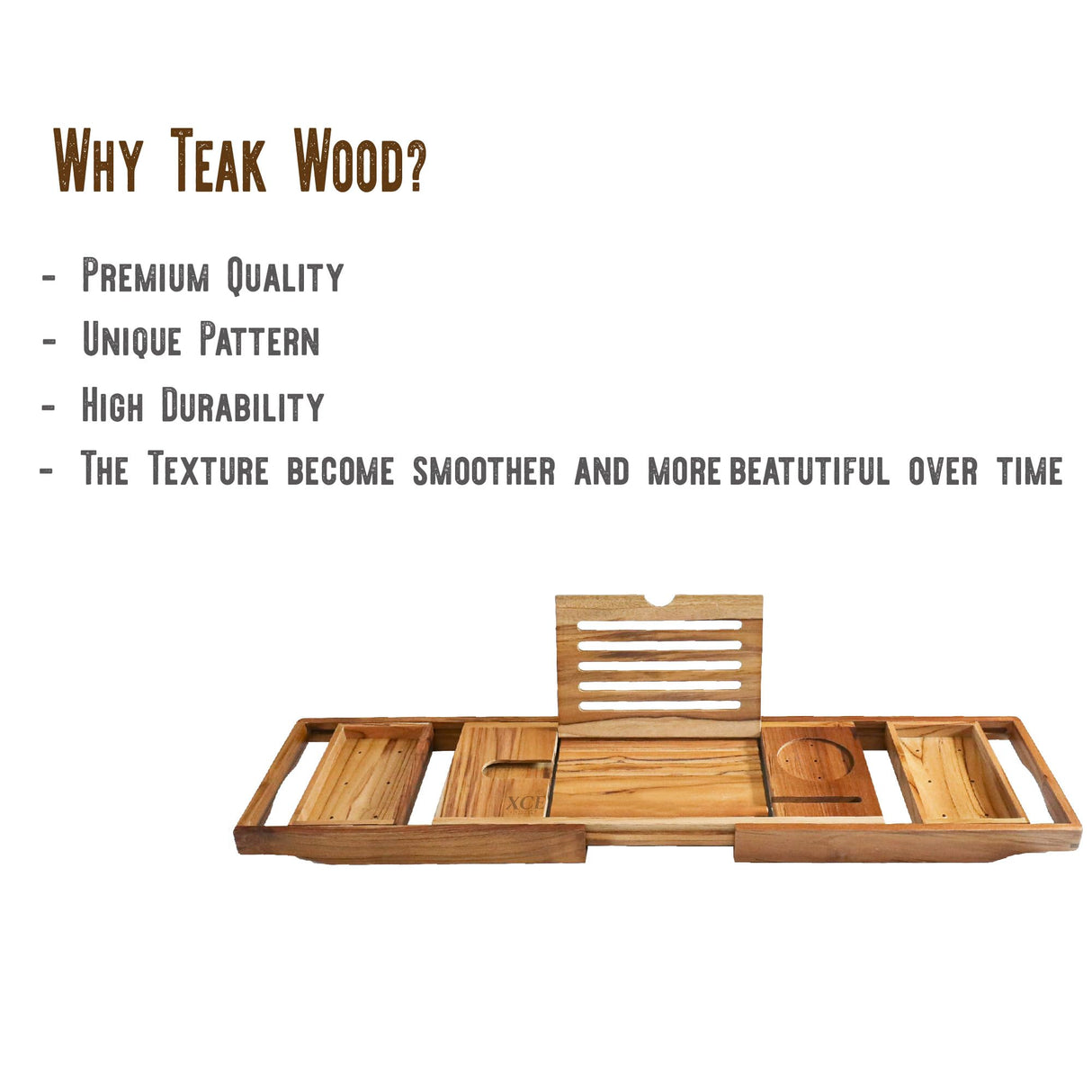 XcE Teak Bathtub Tray Expandable to 105cm with Solid Book Stand and Soap Tray, Teak XcE