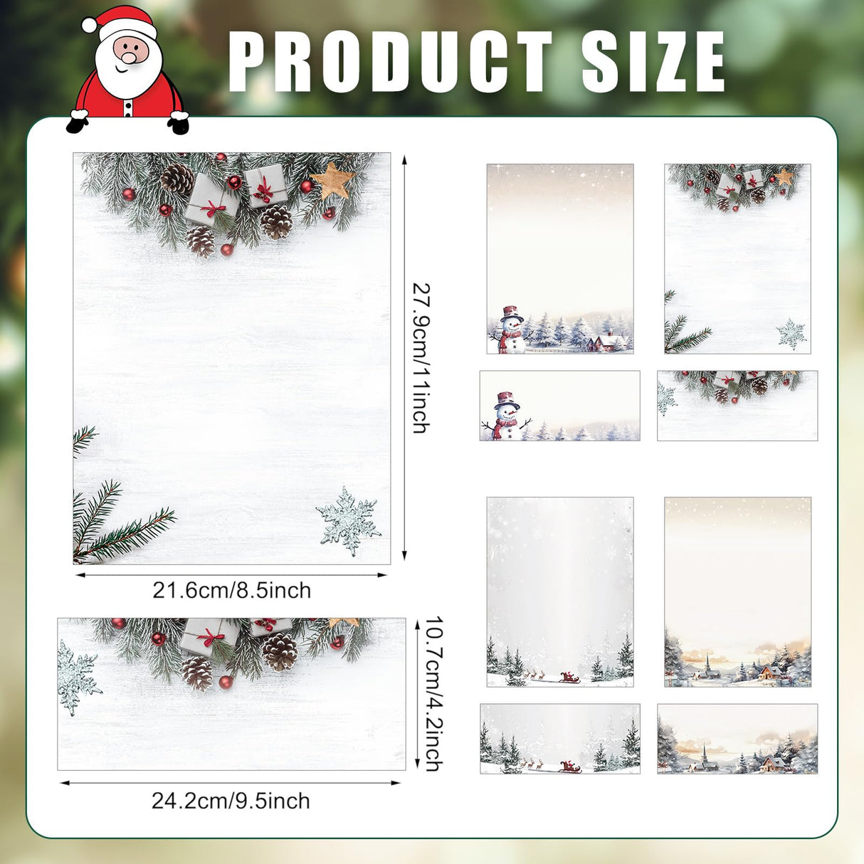 Watersay 50 Sets Christmas Stationery Paper with Envelopes 8.5" x 11" Santa Reindeer Pine Snowman Holiday Letterhead Printer Paper Winter Holiday Envelopes for Writing Letter Greeting Cards Invitation Watersay