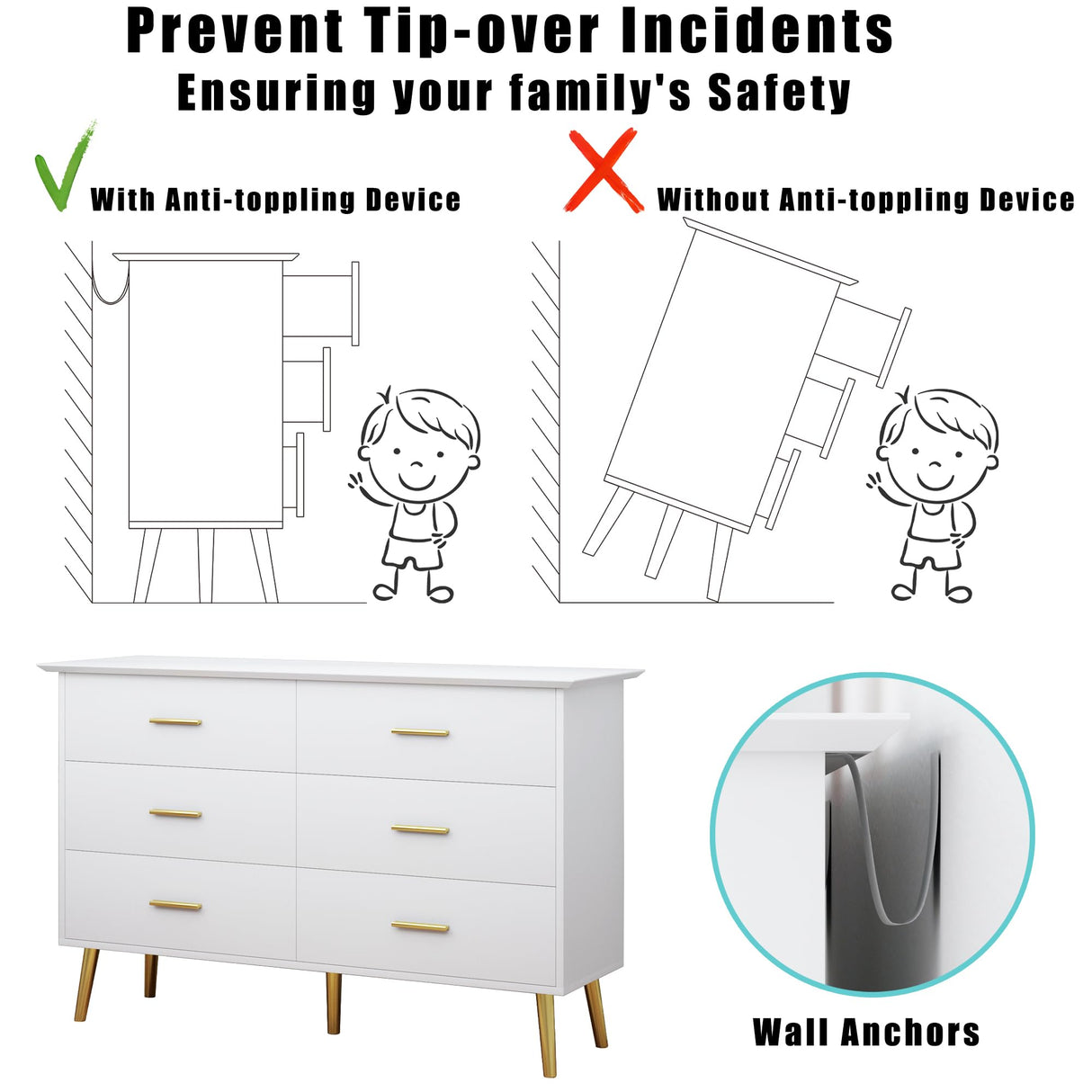 Boonatu White Dresser for Bedroom with 6 Drawers, White Dresser, Wood Dressers Chest of Drawers with Gold Handles, Modern LED Bedroom Dresser with Drawers for Closet Hallway, Living Room, White Boonatu