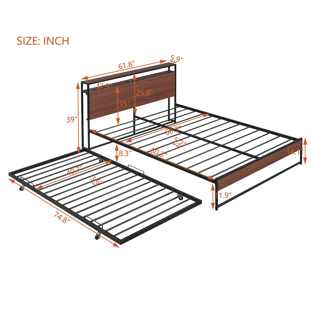 Bellemave Queen Metal Bed Frame with Trundle, USB Ports, Storage Headboard & 13 Slats, Black, No Box Spring Needed Bellemave
