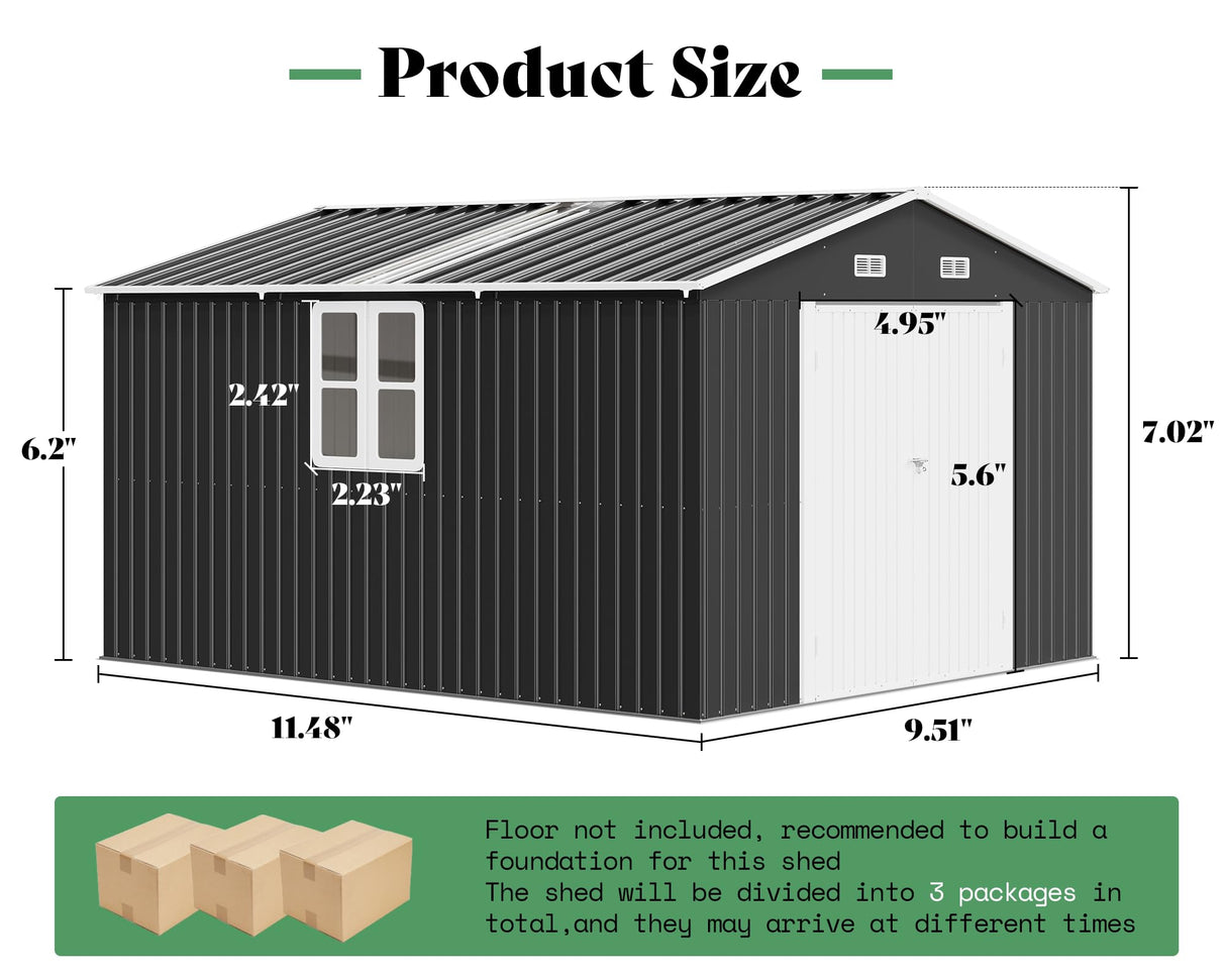 AMERLIFE 10x12x7 FT Galvanized Steel Storage Shed with 2 4-Pane Windows Hinged Double Doors, Outdoor Shed for Backyard, Garden, Patio, Dark Grey/White AMERLIFE