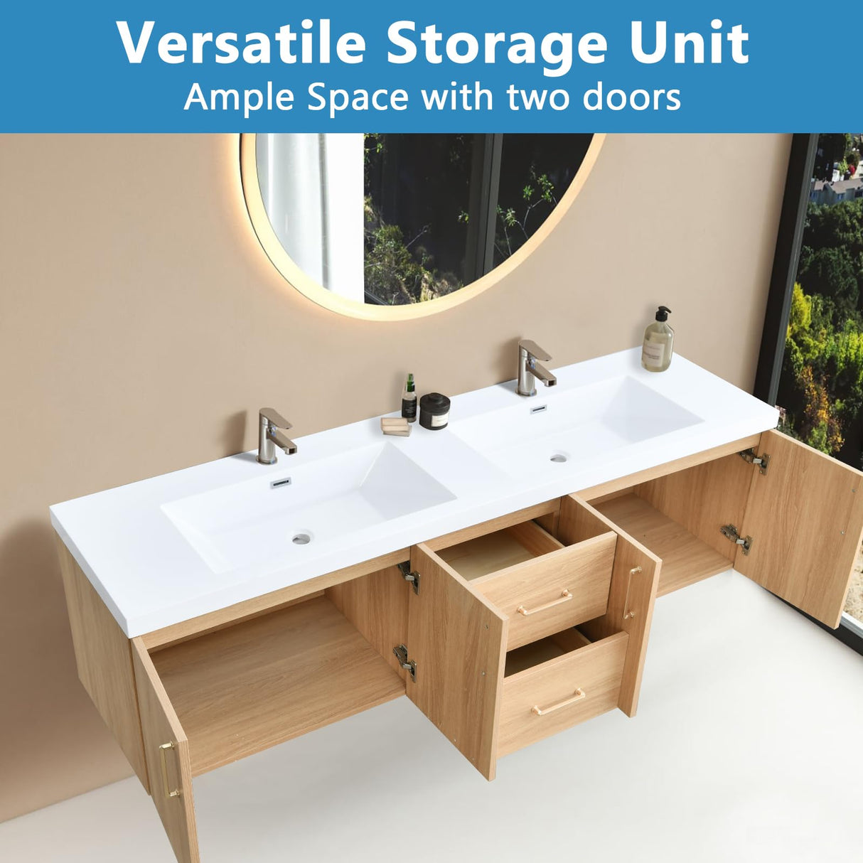 Dornberg 72" Floating Bathroom Vanity with Sink, Natural Oak Wall Mounted Bathroom Vanity with Integrated Double Sinks Combo, Single Sink Bath Vanity Set, Full Assembled Dornberg