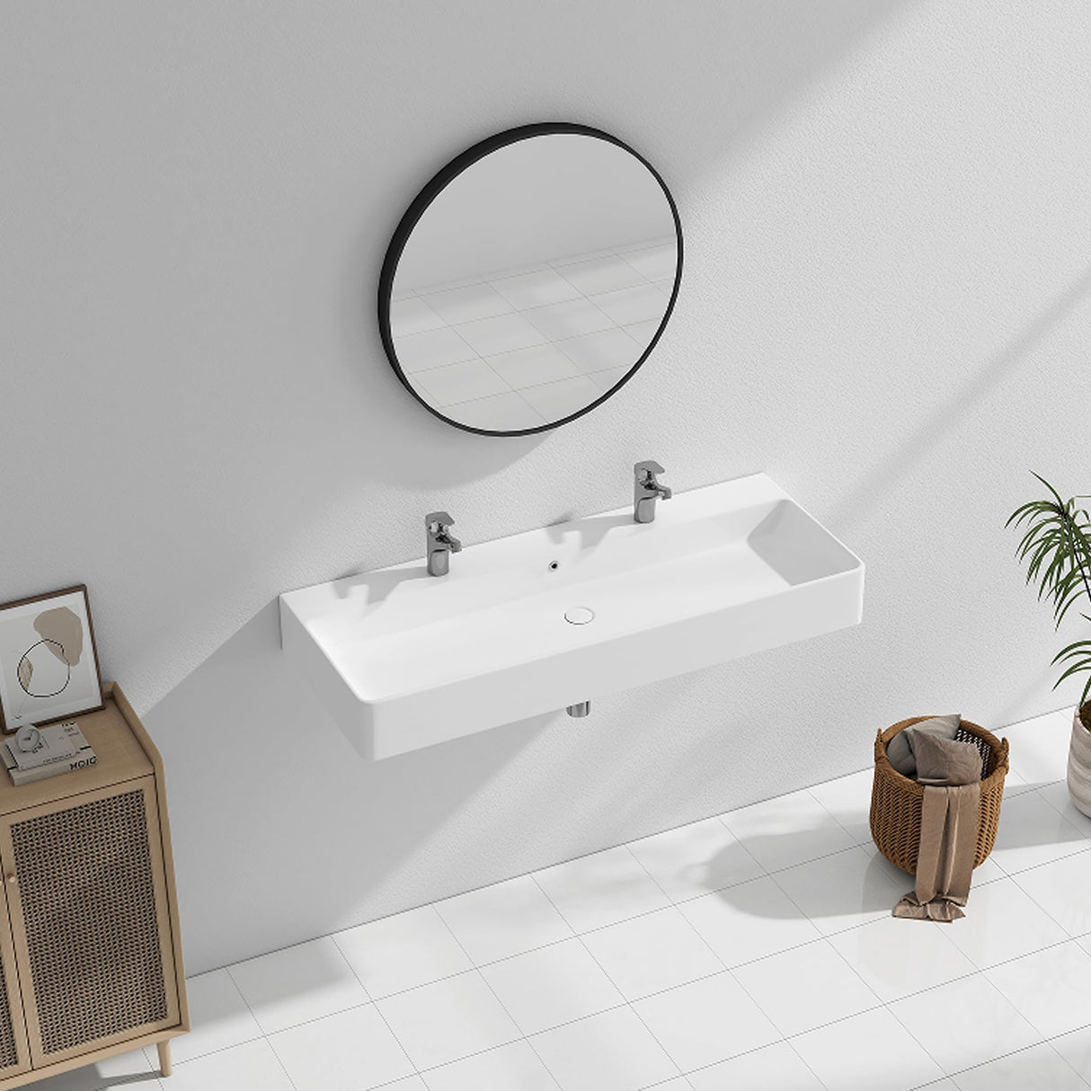 Eridanus Bathroom Sink Rectangle 43" x 16", Two Hole Vitreous Ceramic Vessel Sink, Countertop & Wall Mount, Modern Porcelain Vanity Floating Sink Art Basin Trough with Overflow, Glossy White Eridanus