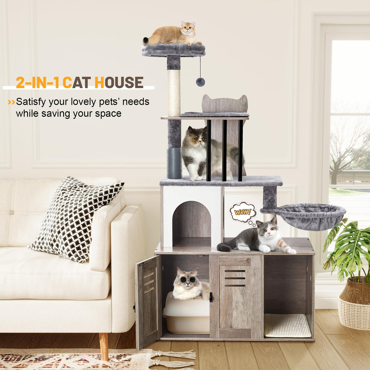 Snughome Cat Tree with Litter Box Enclosure Furniture, 2-in-1 Modern Cat Tower for Indoor Cats, 58.66’’ Wood Cat Condo with Scratching Post and Hammock, Indoor Cat Furniture with Large Platform, Grey Snughome