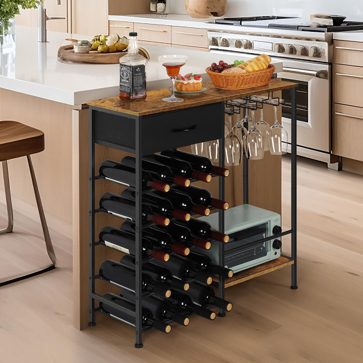 OYEAL Wine Rack Freestanding Floor, 5 Tier Display Wine Storage Shelves with Glass Holder & Fabric Drawer, 20 Bottles Liquor Cabinet Bar Stand for Home Bar, Kitchen Living Room, Rustic Brown OYEAL