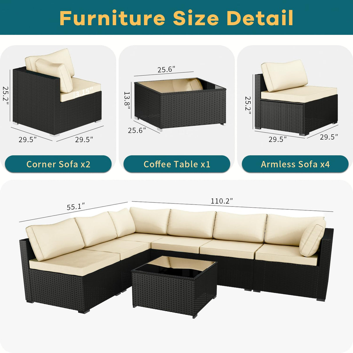 ELEGIBLISS 7 Pieces Patio Furniture Set - Outdoor Sectional Wicker Rattan Furniture with Cushion and Glass Table Patio Conversation Sets for Porch Poolside Backyard Outdoor Sofa Set Modular Sofa ELEGIBLISS