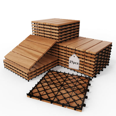 Acarra 27pcs Golden Select Composite or Rubber Interlocking Deck Tiles -12" UV Resistant Waterproof Acacia Wood Look Outdoor Flooring, Easy No-Tool Installation