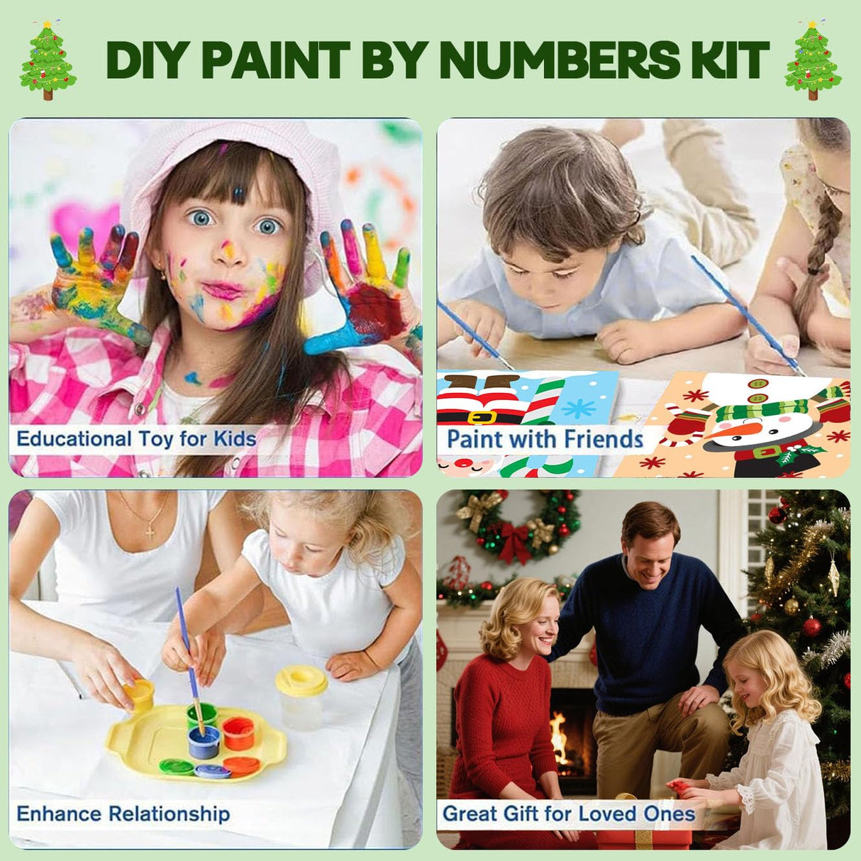 cviokrdu 4 Pack Paint by Numbers Kit for Kids with Frame-Wooden Easel, Christmas Paint by Numbers for Kids Ages 4 8 12, Easy Christmas Acrylic Oil Painting Kits for Home Wall Decoration 8x8 inch cviokrdu