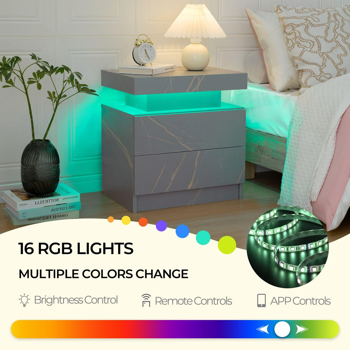 Bingoday LED Nightstand LED Bedside Table with 2 Drawers, Wooden Cabinet Unit with LED Lights for Bedroom, End Table Side Table for Bedroom Living Room Bingoday