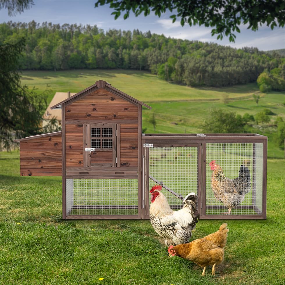 Wooden Chicken Coop, 80IN Outdoor Chicken Cages and Run with Nesting Boxes for 2-4 Chickens, Hen Run Poultry Pet House Rabbit Hutch with Waterproof Roof & Removable Tray for Backyard Poultry (ONE) TANGJEAMER