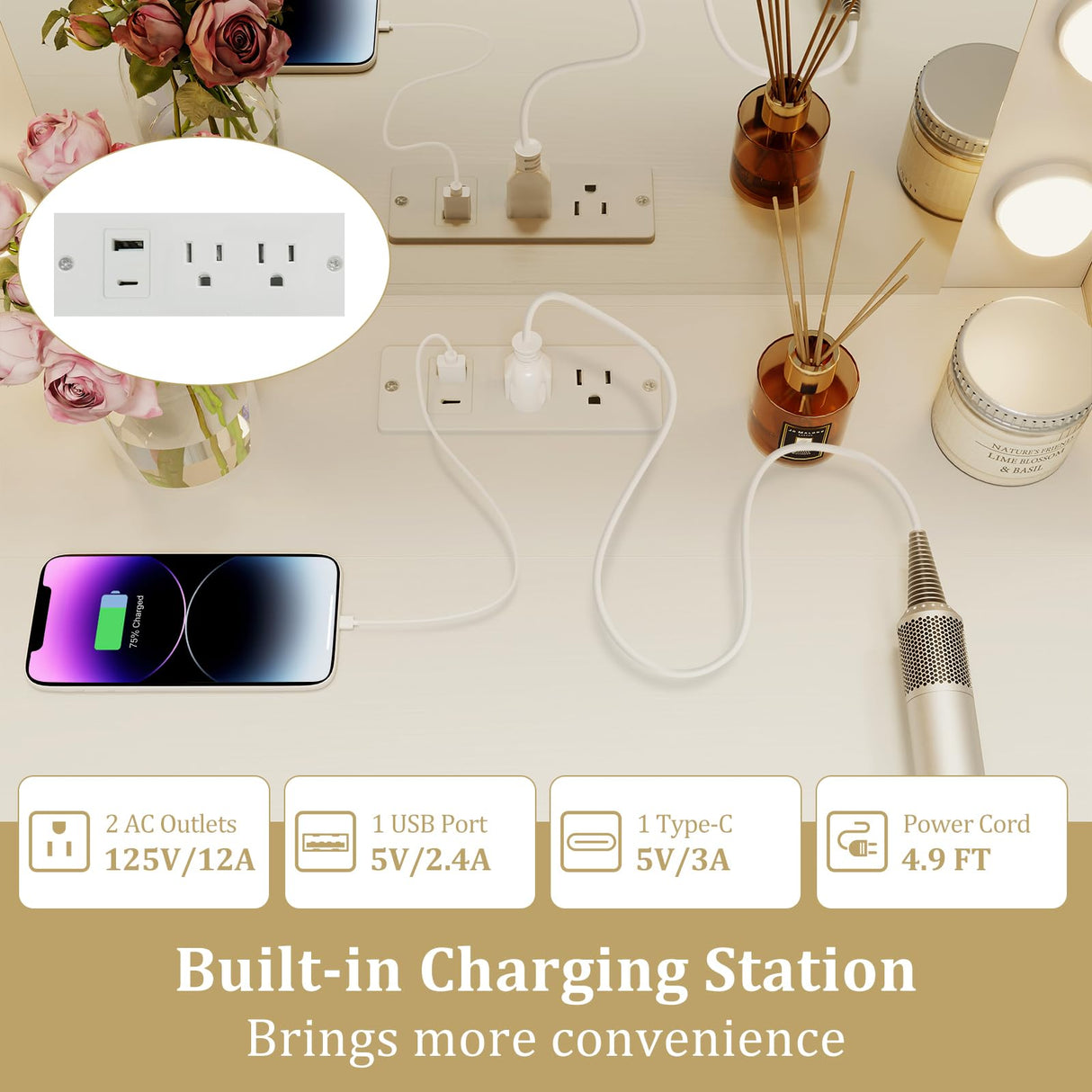 CHARMAID Small Vanity Desk with Mirror and Lights, Makeup Vanity Table with Charging Station, Drawers, Shelves, Foldable Side Table, Compact White Dressing Table with Storage Chair for Small Space CHARMAID