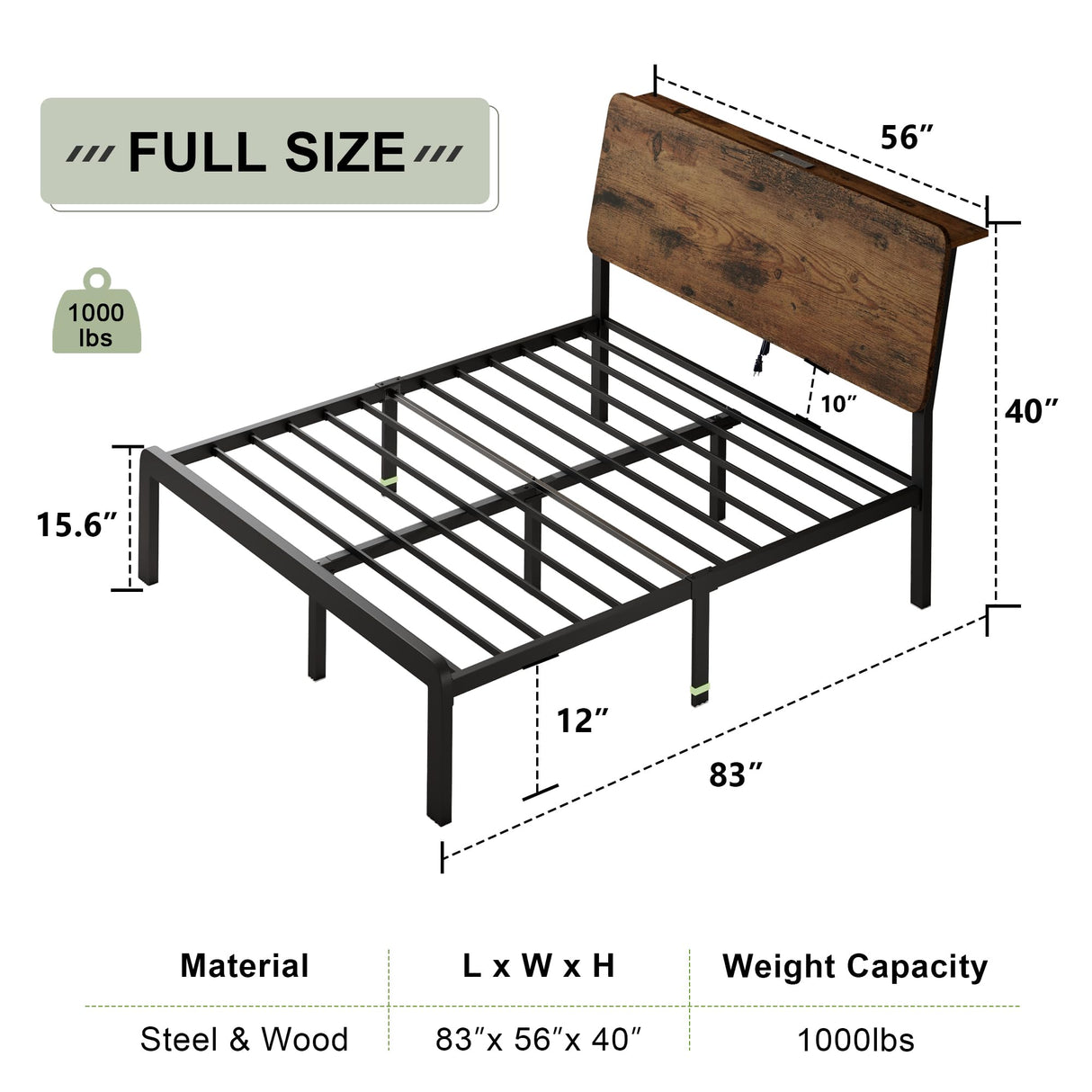 Feonase Full Size Bed Frame with Ergonomic Storage Headboard & Charging Station, LED Platform Bed Frame, Heavy Duty Metal Slats, No Box Spring Needed, Easy Assembly, Rustic Feonase