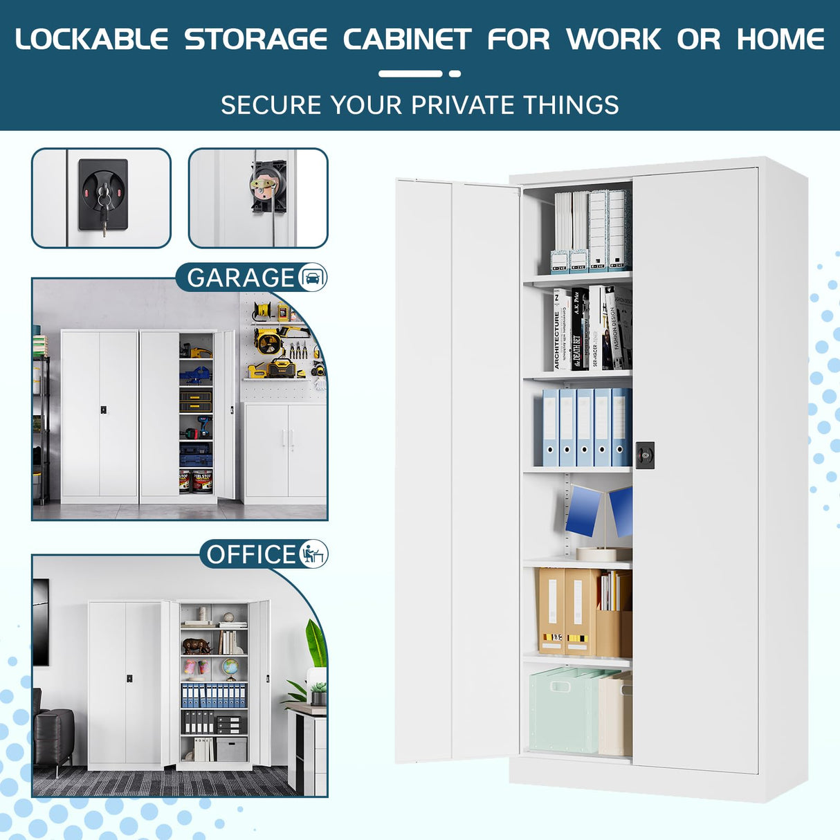 White Storage Cabinet with Locking Doors, 72" Tall Metal Cabinet with 5 Adjustable Shelves for Pantry, Office, Locking 2 Door File Storage Cabinets, 18" Deep Home Office Kitchen Pantry Cabinets MIIIKO