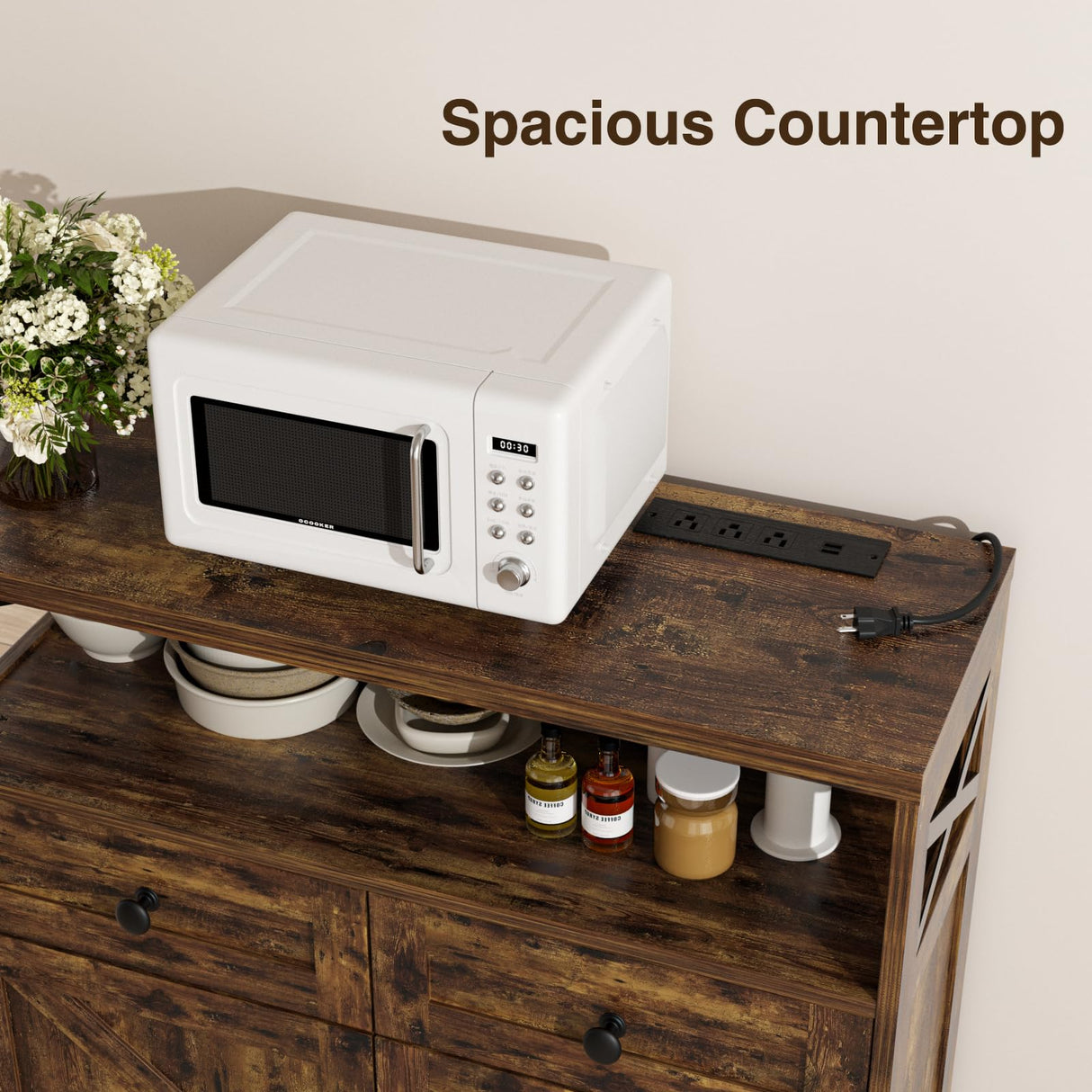 31.5" Rustic Brown Storage Cabinet with Doors and Drawers, Farmhouse Sideboard Buffet Cabinet with Storage, Kitchen Pantry Hutch Cabinet, Coffee Bar Station Table for Kitchen, Livingroom, Dining Room FiveWillowise