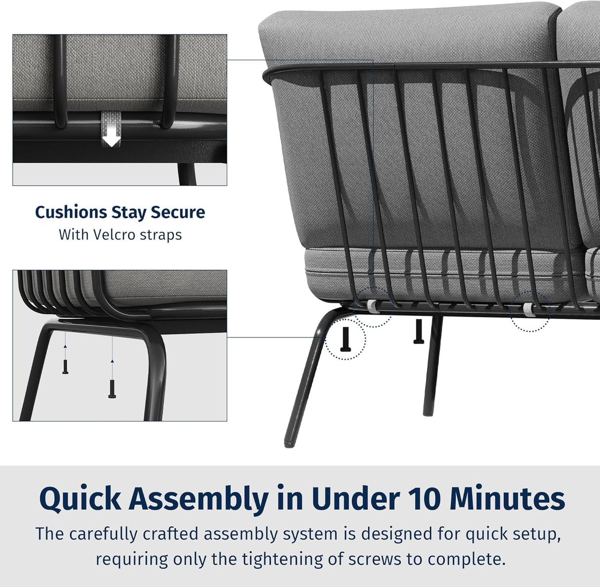 EAST OAK 4-Piece Plaza Patio Furniture Set, Outdoor Furniture for Balcony, Poolside, and Yard, with Thick Cushion Sofa and Coffee Table, Modern Patio Conversation Set, Black & Grey EAST OAK