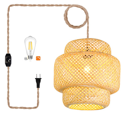 Plug in Pendant Light Rattan Hanging Lights with Plug in Cord Bamboo Hanging Lamp Dimmable,Handmade Woven Boho Wicker Basket Lamp Shade,Plug in Ceiling Light Fixture for Living Room Bedroom Kitchen