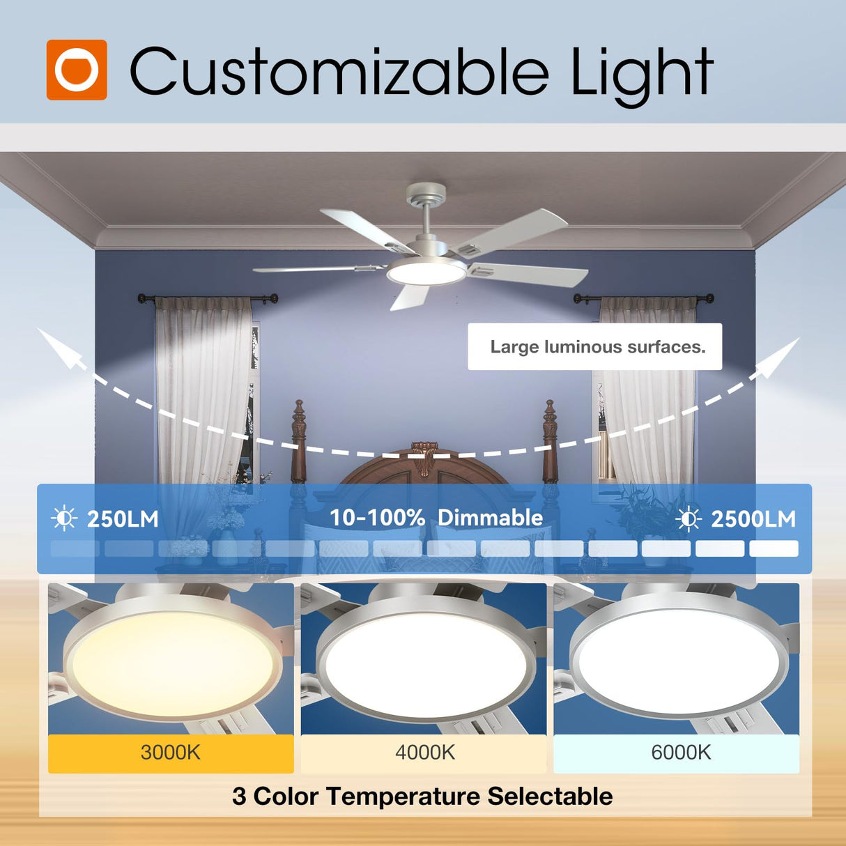 addlon Ceiling Fans with Lights, 52 inch Silver Ceiling fan with Light and Remote Control, Reversible, 3CCT, Dimmable, Noiseless, Ceiling Fan for Bedroom, Farmhouse, living room, Indoor/Outdoor Use addlon