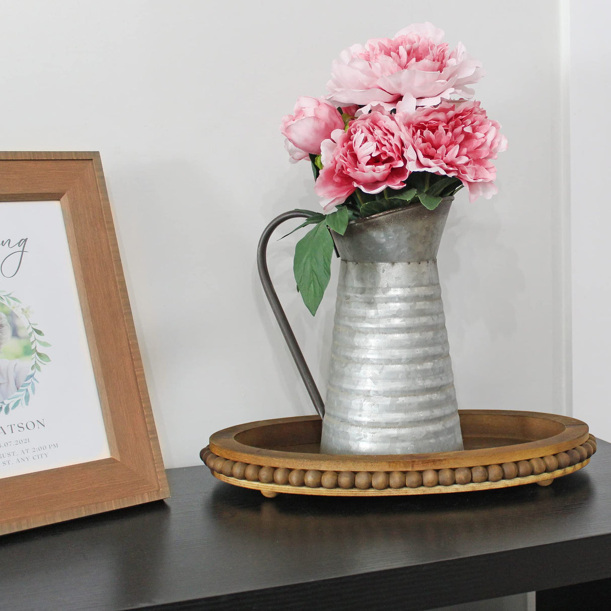 AuldHome Wood Beaded Tray (Stained Wood), Decorative Farmhouse Style Oval Wooden Tray AuldHome Design