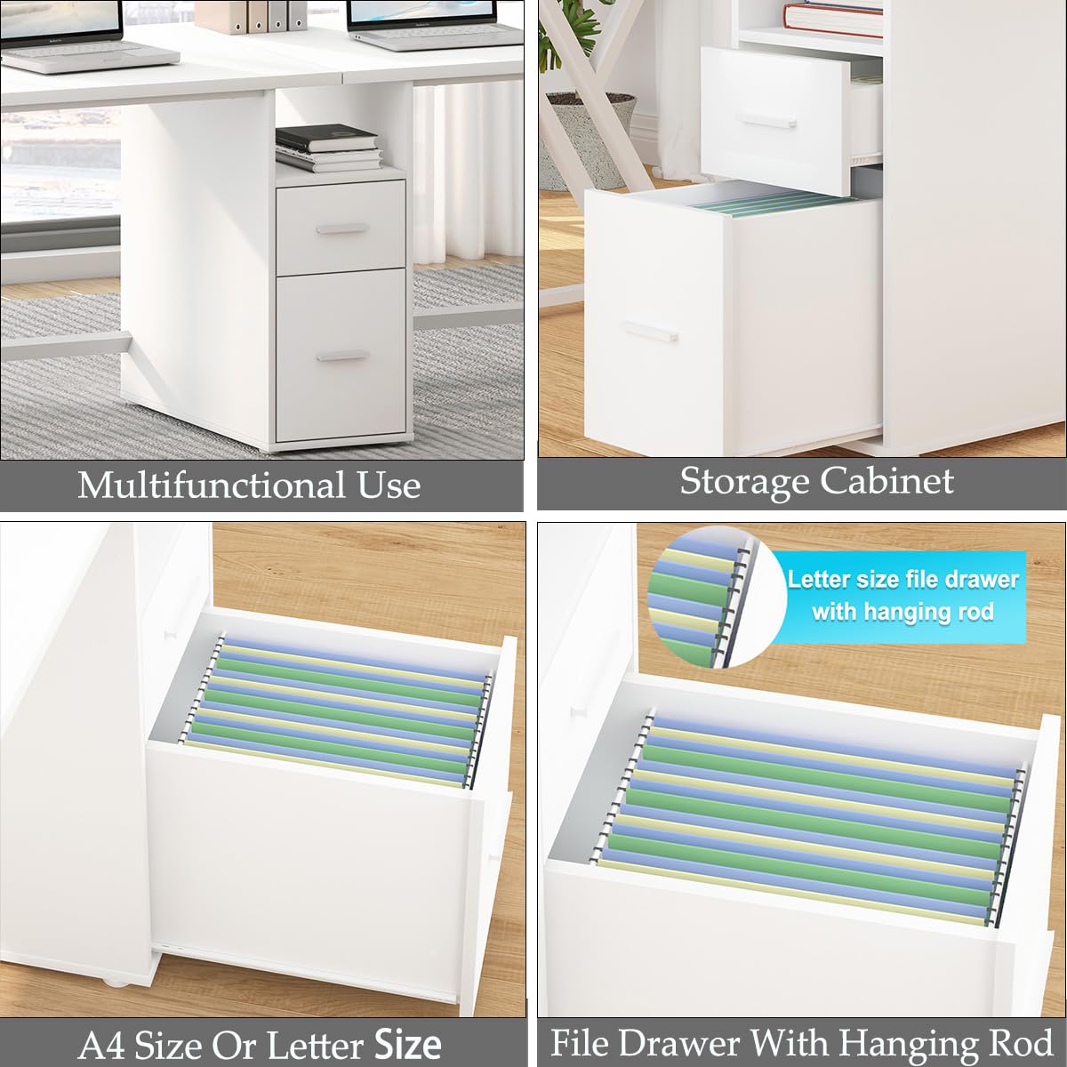 LVB Large 2 Person Desk, Modern White Computer Desk with File Cabinet, Extra Long Workstation Double Desk with Storage Shelf, Industrial PC Writing Study Dual Executive Office Desk with Drawer, 79 in LVB