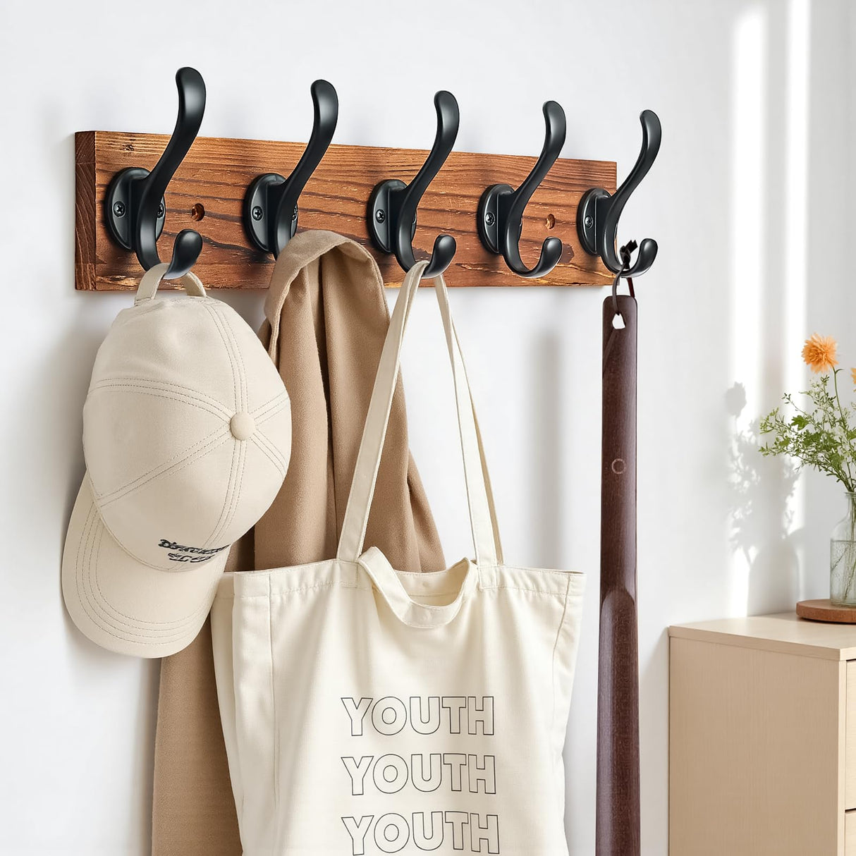 Hmsrjh Coat Rack Wall Mounted, Pre-Assembled 16" Wooden Hat Rack with 5 Hooks, Heavy Duty Rustic Farmhouse Wood Plank for Entryway, Bathroom - for Hanging Coats, Jackets, Hats, Bags, Backpacks Hmsrjh