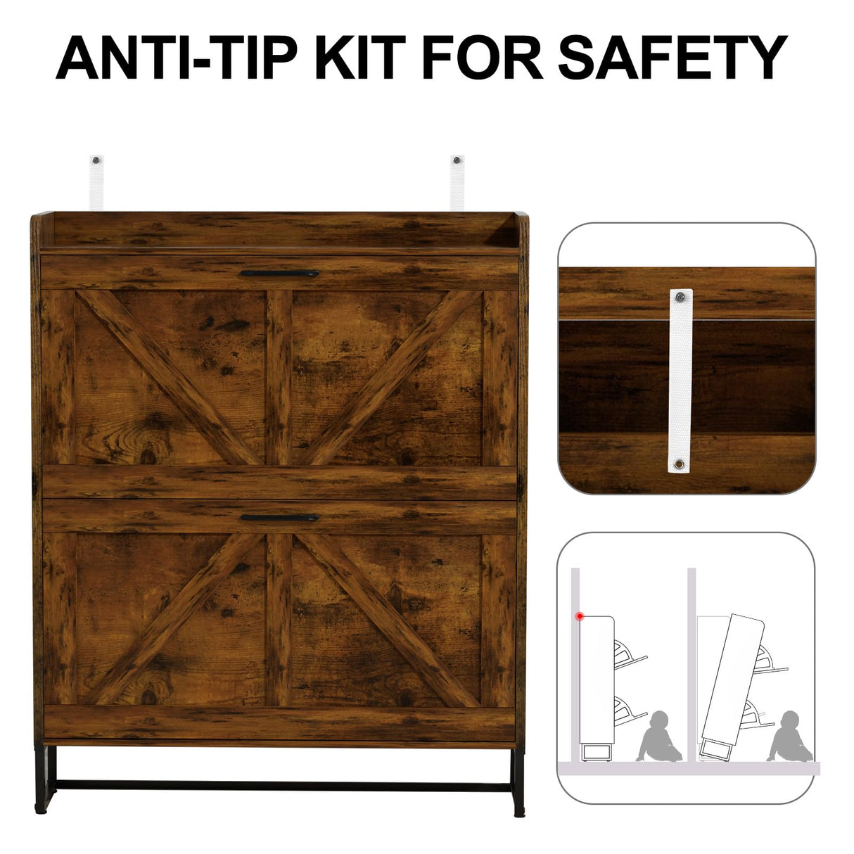 Urban Deco Wooden Shoe Storage Cabinet for Entryway, Organizer Shoe Cabinet with 2 Flip Drawers, Elegant 2 Tier Freestanding Shoe Organizer (Rustic Brown) Urban Deco