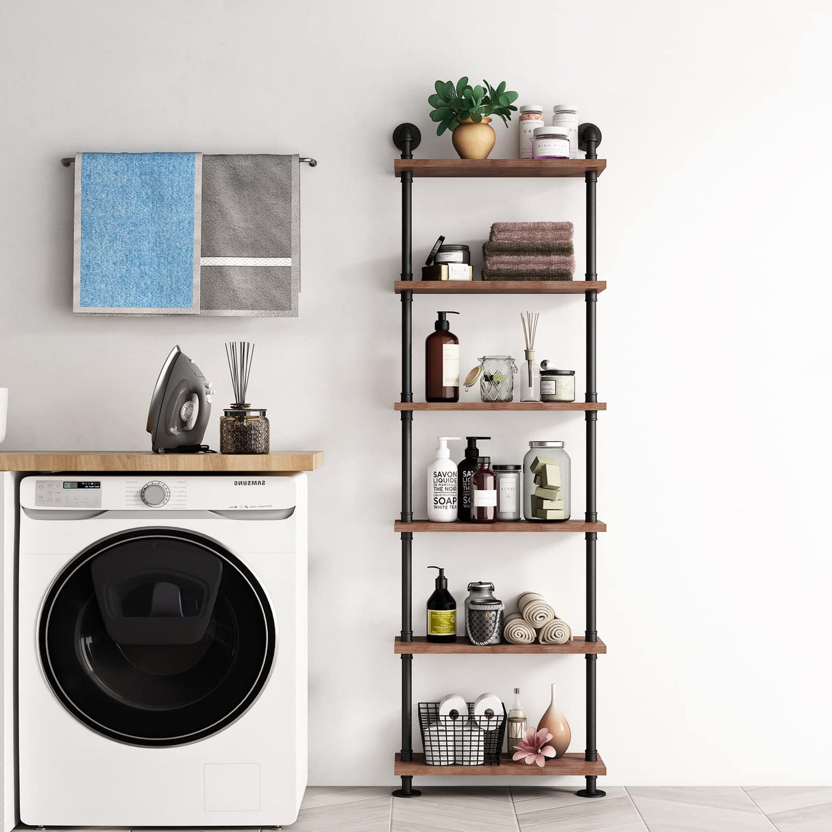 BOSURU Industrial Pipe Bookshelves Rustic Wood Ladder Bookshelf, Industrial Pipe Shelf for Living Room Decor and Storage,Bookcase(Only One Shelf) BOSURU