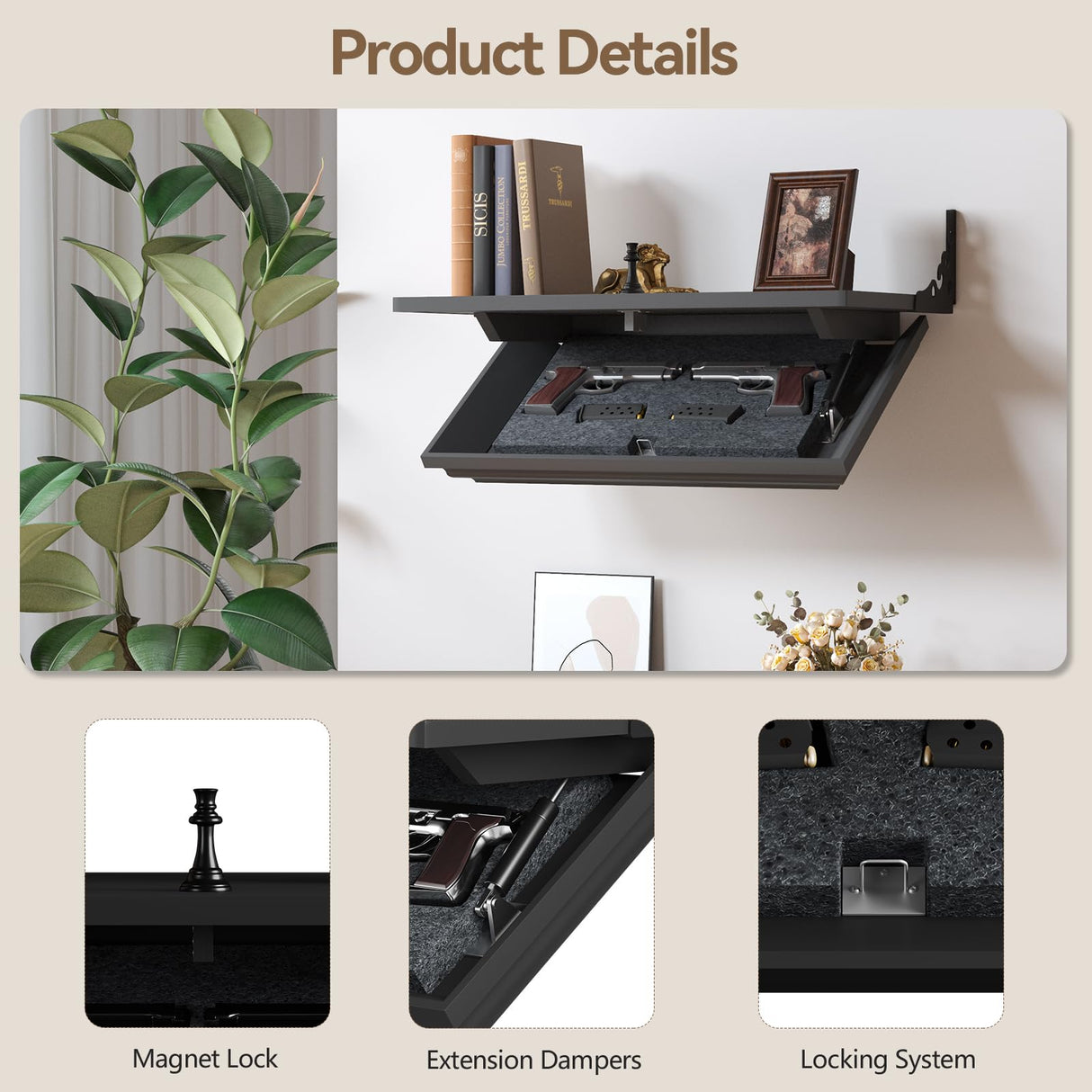 Lvifur 24" Compact Gun Shelf, Gun Rack with Automatic Induction Lock with Secure Hidden Compartment for Wall Mount Display, Storage Security Safe Box for Home,Black Lvifur