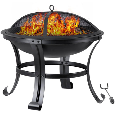 22 Inches Portable Fire Pit Outdoor Wood Burning Steel Lightweight BBQ Grill Firepit Bowl with Log Grate&Poker for Outside Patio Campfire Bonfire Backyard