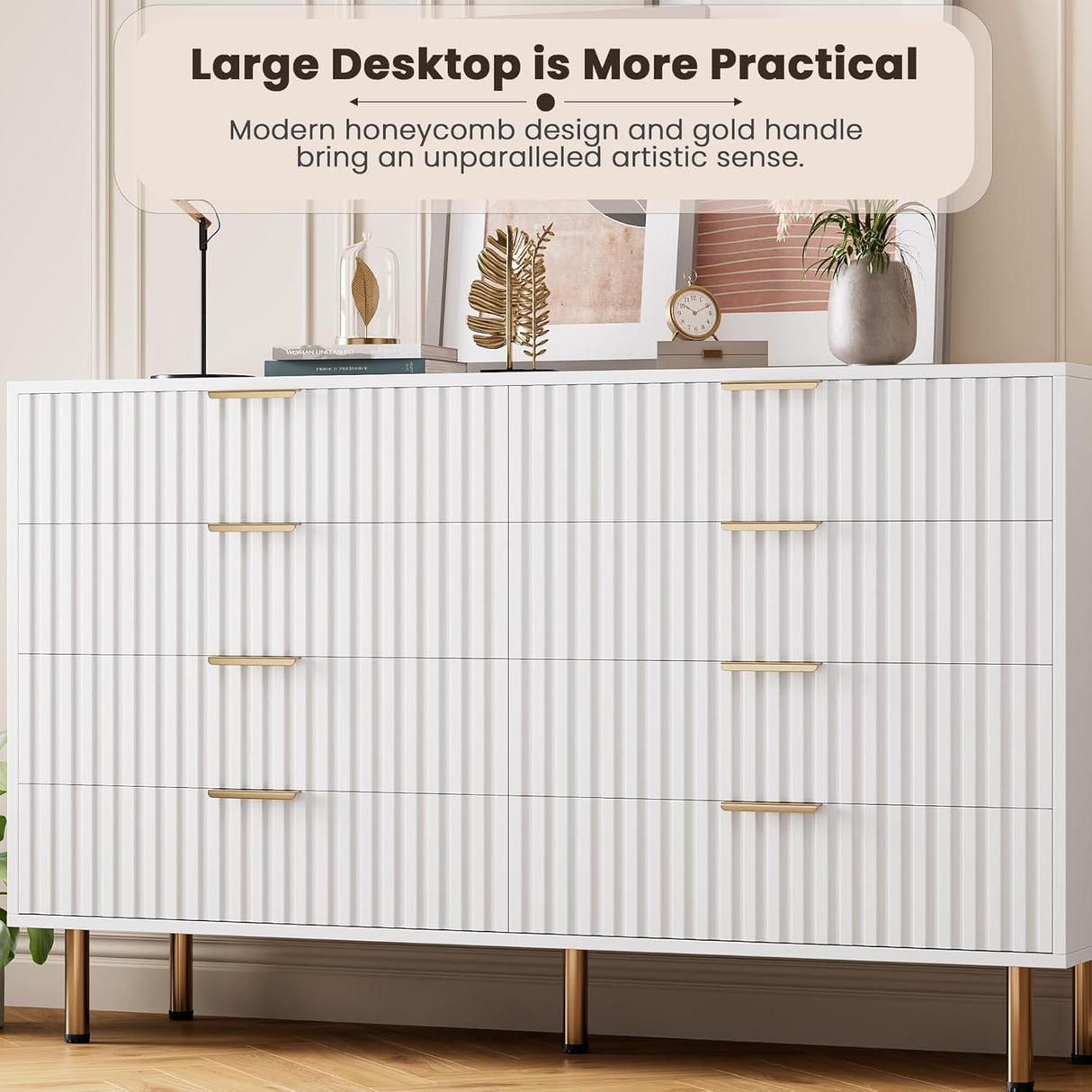 GarveeHome 8 Drawer Dresser for Bedroom, Fluted 55 in Wide Modern Chest of Drawers with Deep Drawers, Wooden Dresser Organizer for Living Room, Hallway, Kids Room, White GarveeHome