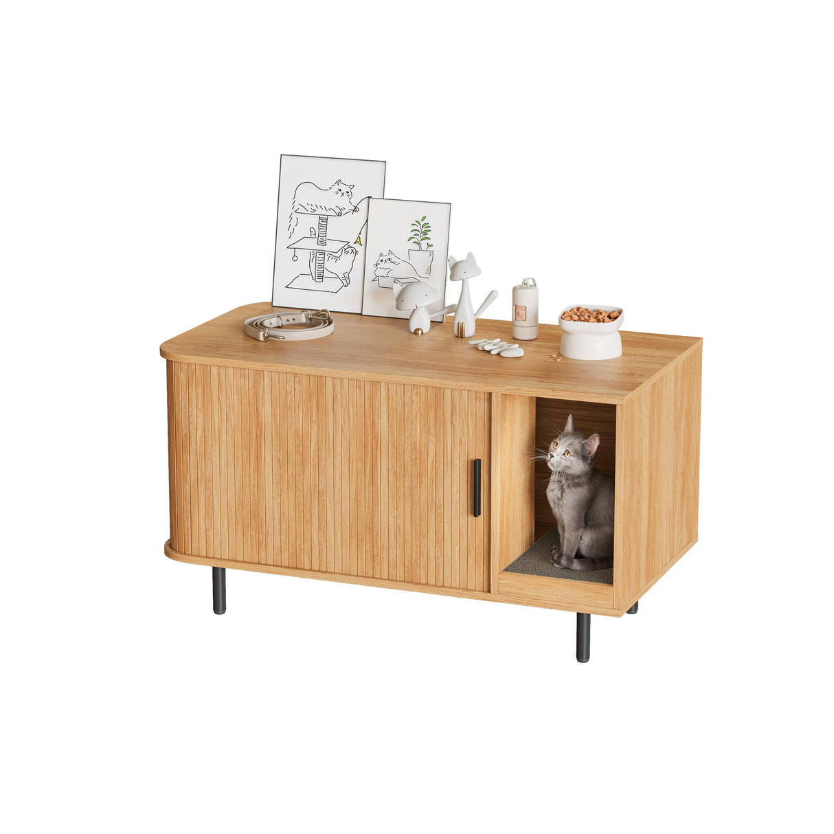 Cat Litter Box Enclosure with Cat Scratch Pad, Sliding Door, 37.4" Litter Box Enclosure Furniture Hidden Litter Box, Modern Indoor Cat House, TV Stand, Side End Table for Living Room, Natural Halitaa