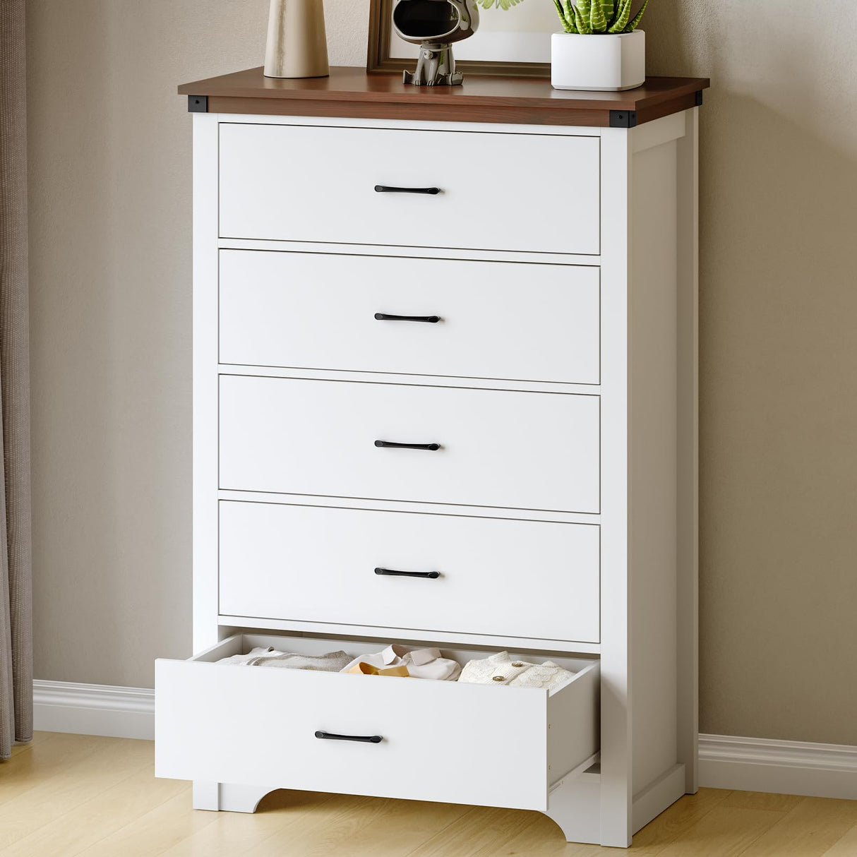 Airynee Farmhouse 5 Drawer Dresser for Bedroom, 47" Tall Chest of Drawers, Wood White Dresser with Deep Drawers, Storage Dressers Organizer for Bedroom, Living Room, Hallay, White Airynee