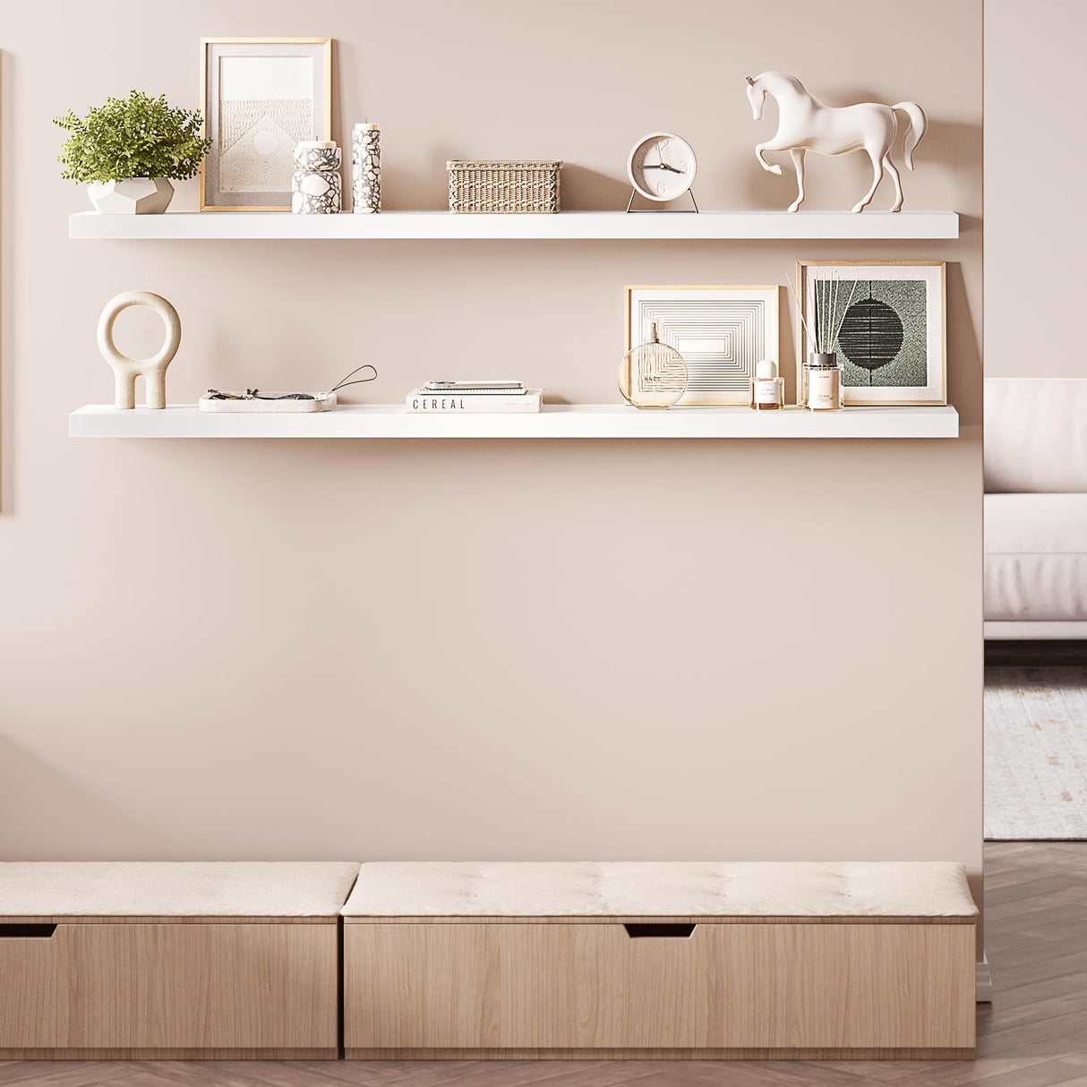 Ballucci Floating Shelves for Wall, 60" Wood Wall Shelf Set of 2, with Invisible Brackets for Bathroom, Living Room, Bedroom, Kitchen, Nursery, 8" Deep, White Ballucci